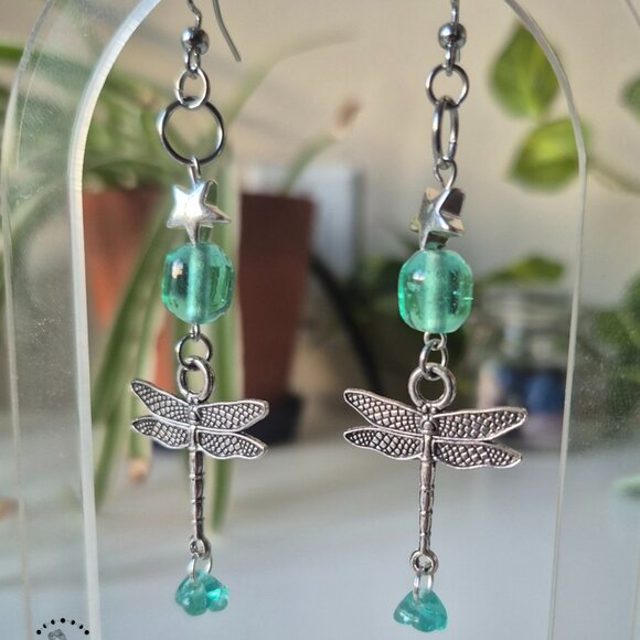 Turquoise Dragonfly Silver Dangle Earrings - Picture 6 of 8